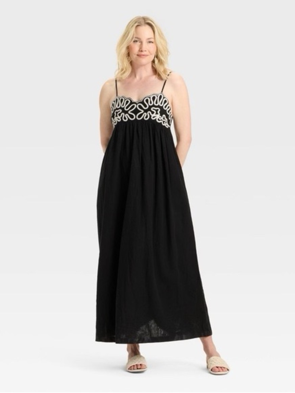 a new day Black Maxi Dress with White Embroidered Bust